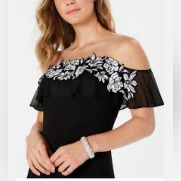 MSK black Embellished Sheer Straps Beading And Jewel Short Sleeve Off Shoulder L - Picture 1 of 8